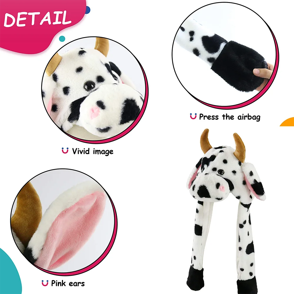 23cm Ear Moving Jumping Hats Stuffed Cow Funy Interactive Hat for Kids Girl Boy Cosplay Christmas Party Hat Plush Animal