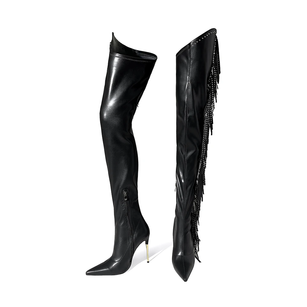 

Arden Furtado 2024 Winter Pointed toe Metal heel Tassels Thigh high boots Zipper Super high heel Crystal Modern boots