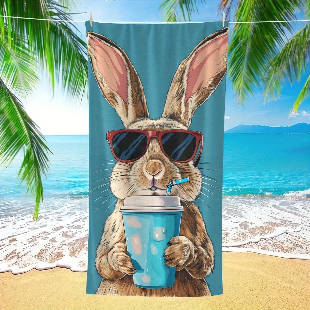 1pc 2D Flat Cool Fashion Glasses Rabbit Print Beach Towel Soft Strong Water Absorption Multipurpose Towel For Beach Vacation Poo