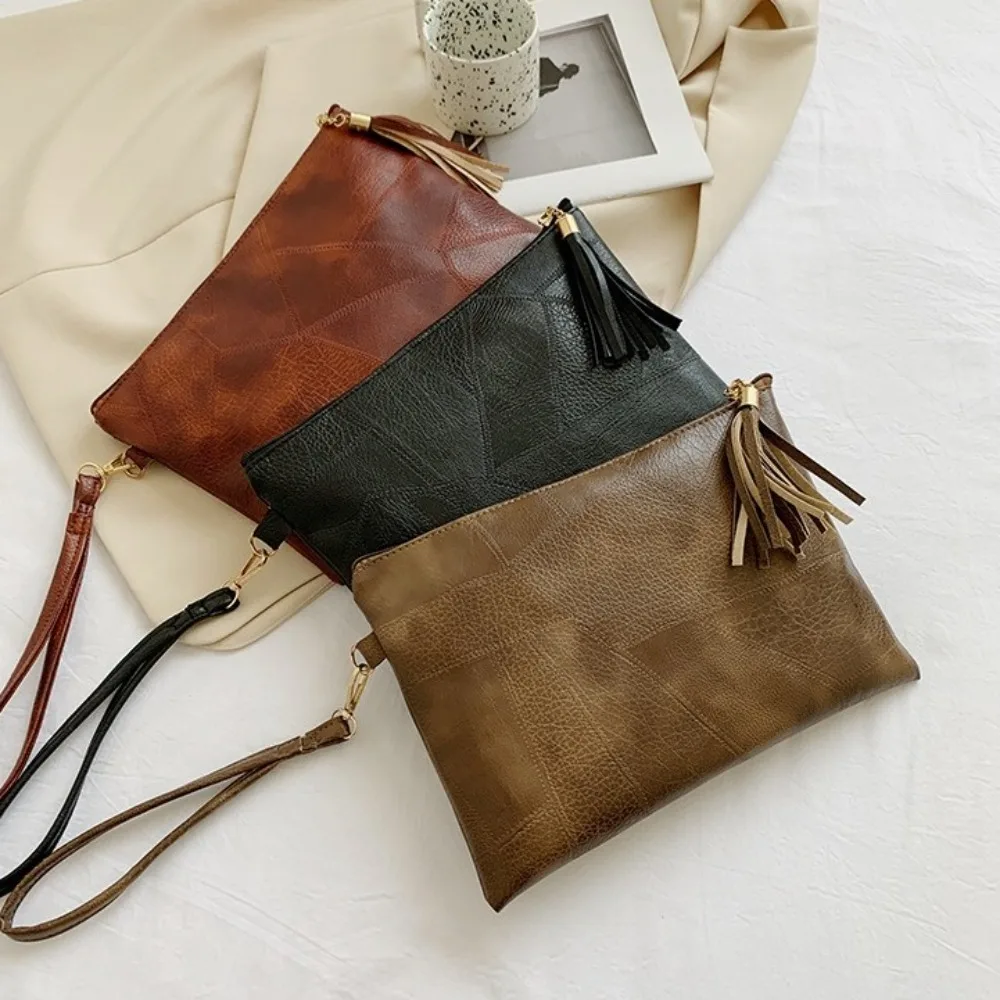 

Portable Tassel Handheld Bag PU Leather Solid Color Zipper Coin Purse Wallet Korean Style Small Item Bag Travel