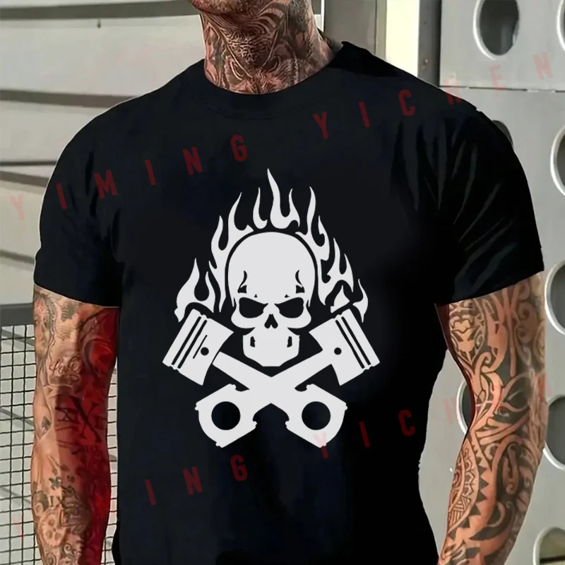 Men T-Shirt Flame Skull Engine Print Motorcycle Cotton O-neck Short Sleeve T Shirt Fashion Hip Hop Streetwear Tees