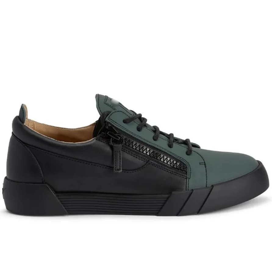 

Green Leather Low Top Cut Zip Up Sneakers Side Zipper Lace Up Board Shoes Men Daily Casual Shoes Hombre Chaussure