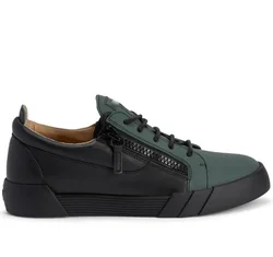 Green Leather Low Top Cut Zip Up Sneakers Side Zipper Lace Up Board Shoes Men Daily Casual Shoes Hombre Chaussure