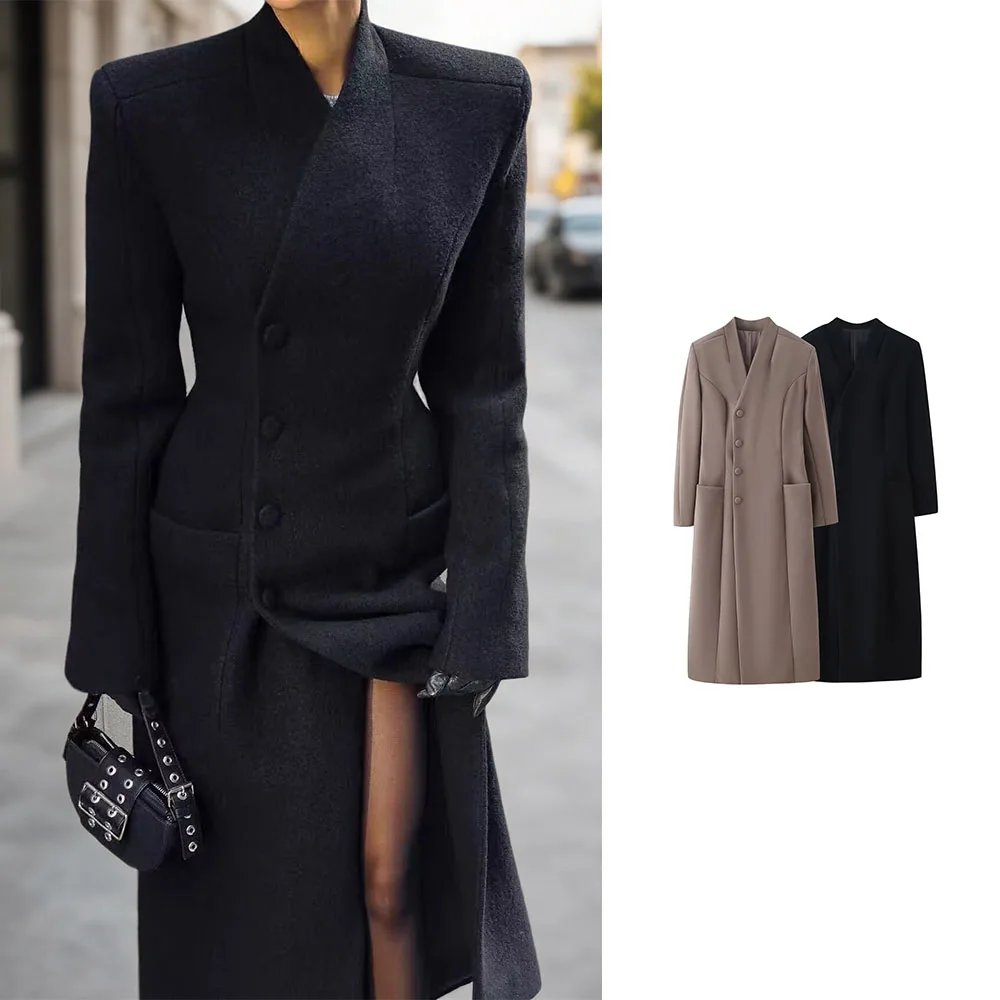 

Новая женская одежда, модное простое шерстяное пальто в европейском и американском стиле с воротником-стойкой и боковыми пуговицами, затянутая талия