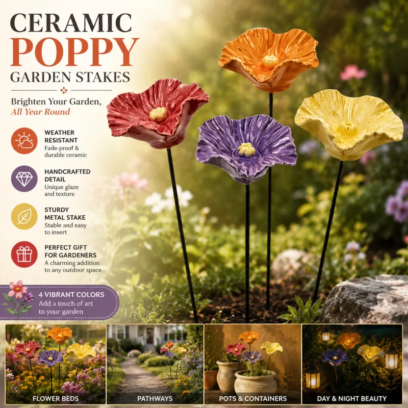 Resin Poppy Flower Bee Waterer Handmade Metal Garden Stake Outdoor Bird Water Feeder Decor For Backyard Patio Gardening Gift New