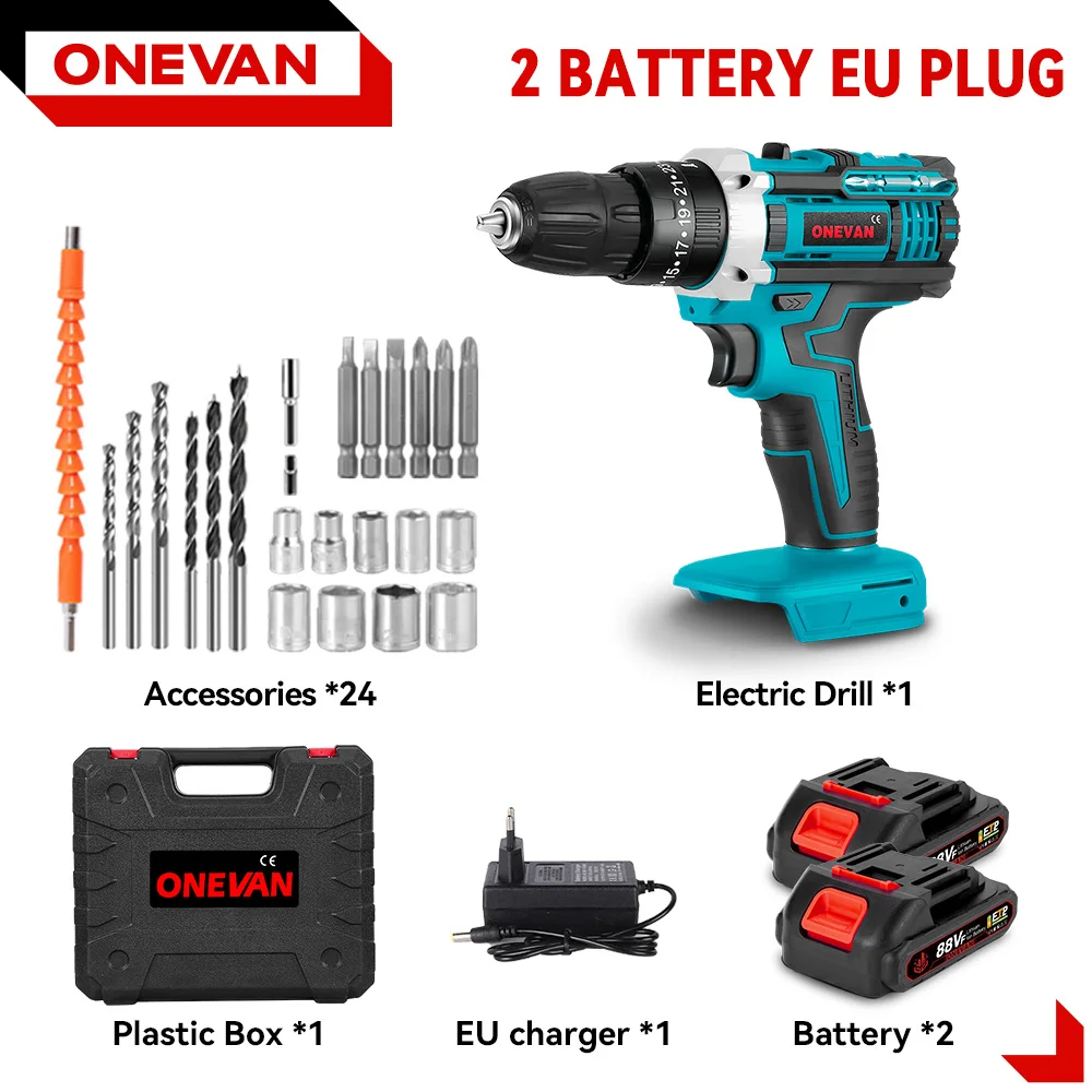 ONEVAN Elektrische Slagboormachine 25+3 Koppel Blauw/Rood Multifunctionele Draadloze Klopboormachine Elektrisch Gereedschap Voor Makita 18V Accu