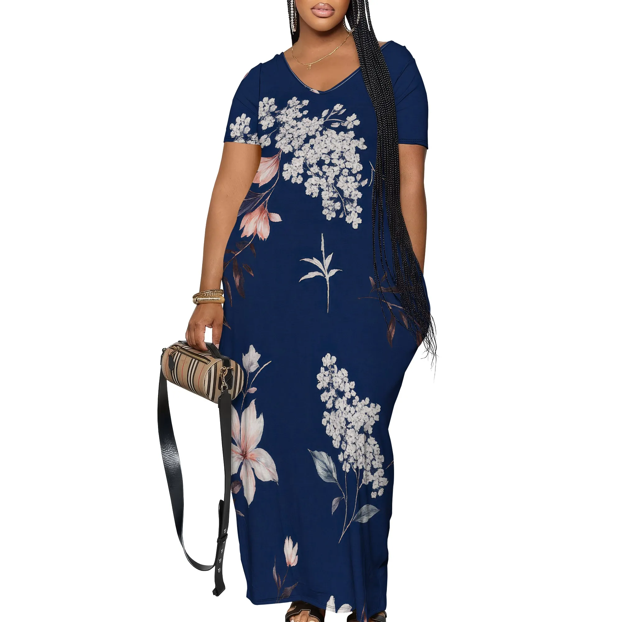 Abito camicia da donna a trapezio girocollo maniche corte abiti midi abiti casual con stampa floreale pieghettata con tasche