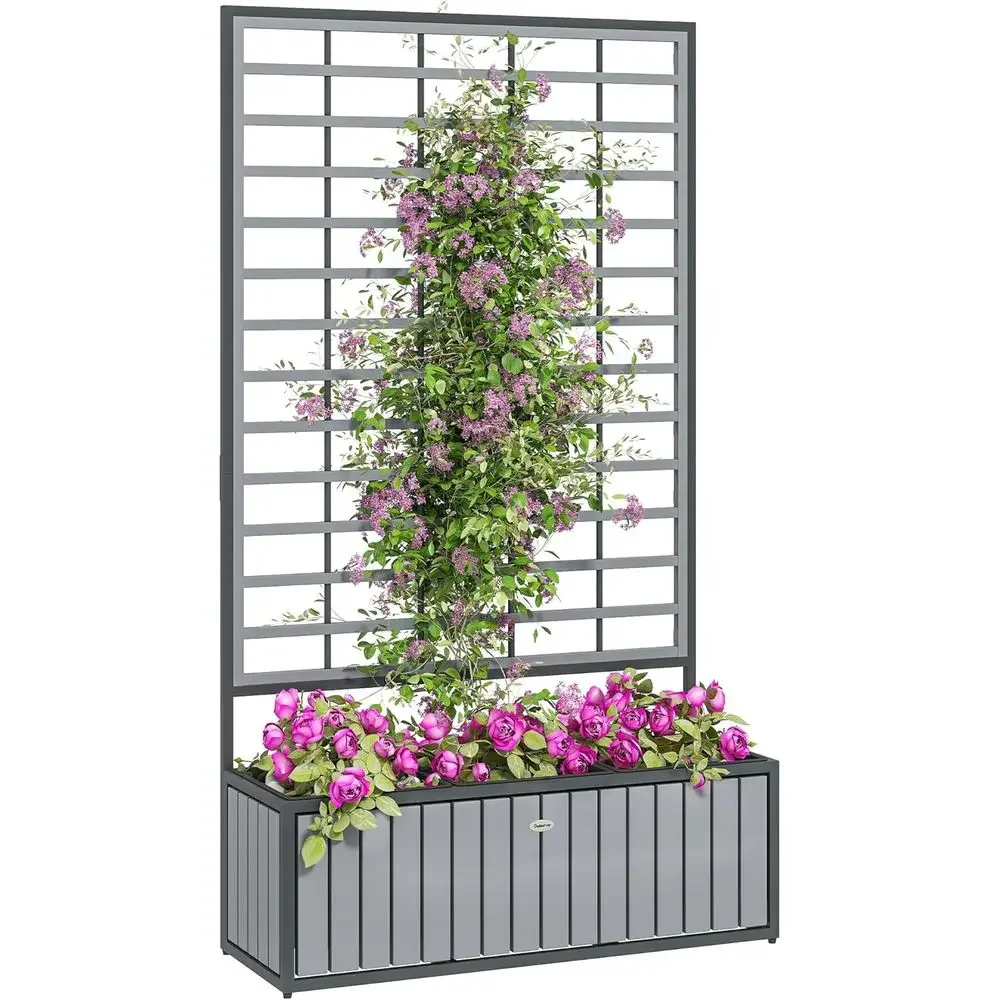 Gray Wooden Raised Garden Bed with Trellis, Removable Pots, Drainage, Ideal for Patio, Balcony, 29 x 11 x 52