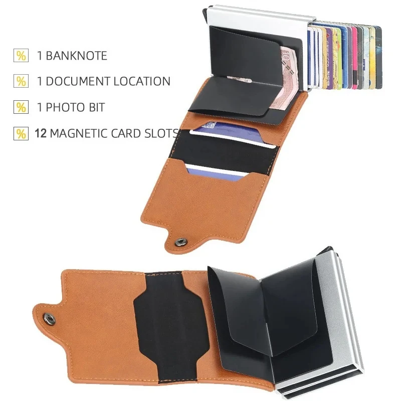 12 Card Slots Magic Anti RFID Double Aluminum Box Automatically PU Leather Wallet Card Holder Large Capacity ID Credit Bank Case