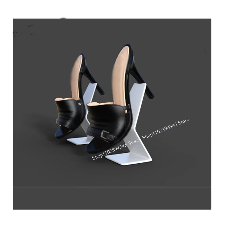 

Black Buckle Decor Slip On Sandals Shallow Hollow Thin High Heel Peep Toe Fashionable Sexy Big Size Woman Shoes Zapatillas Mujer