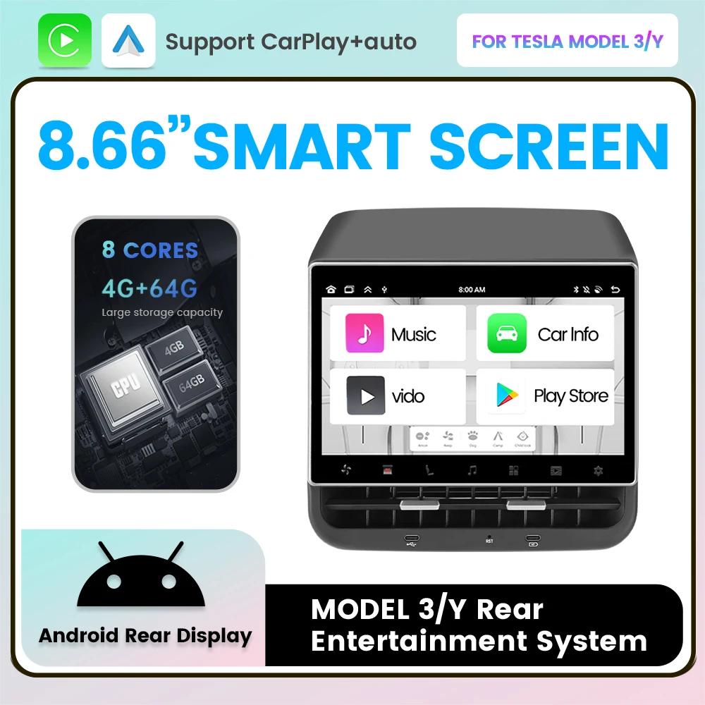 7,2 "8,66" Android/Linux System Auto Hinten Unterhaltung Smart Screen Für Tesla Modell 3 Y Unterstützung Carplay Android Auto WIFI BT DSP