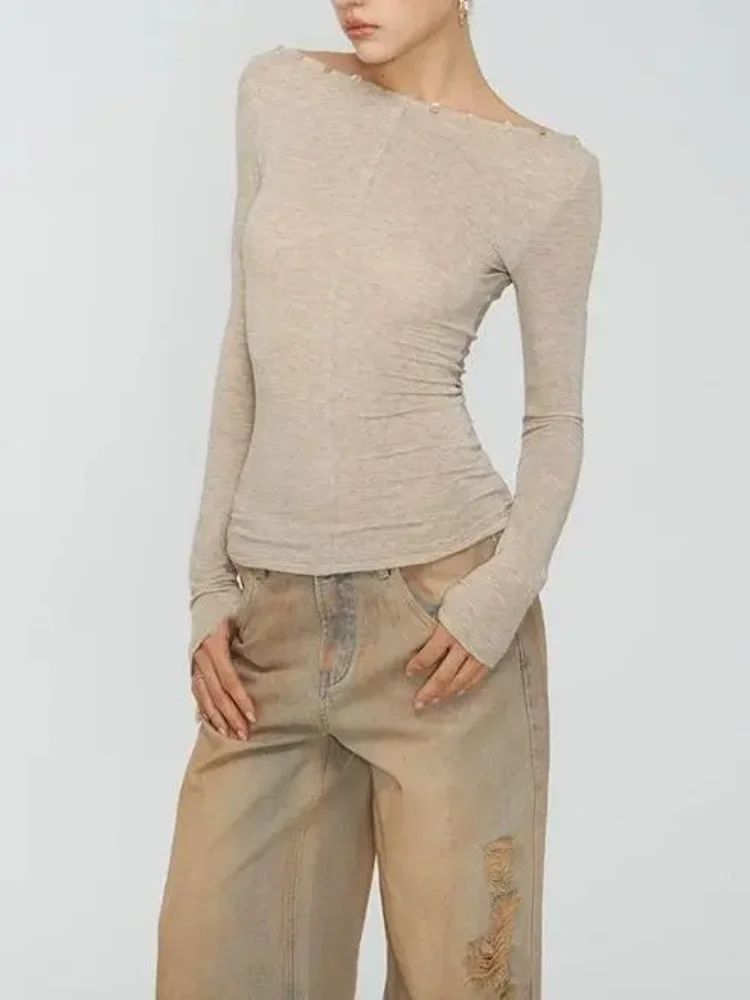 Dual-Wear Design French Chic Elegant Casual Spring Autumn Women's Long Sleeve Top-Colorful Button Detail Slim Fit Ruched Blouse