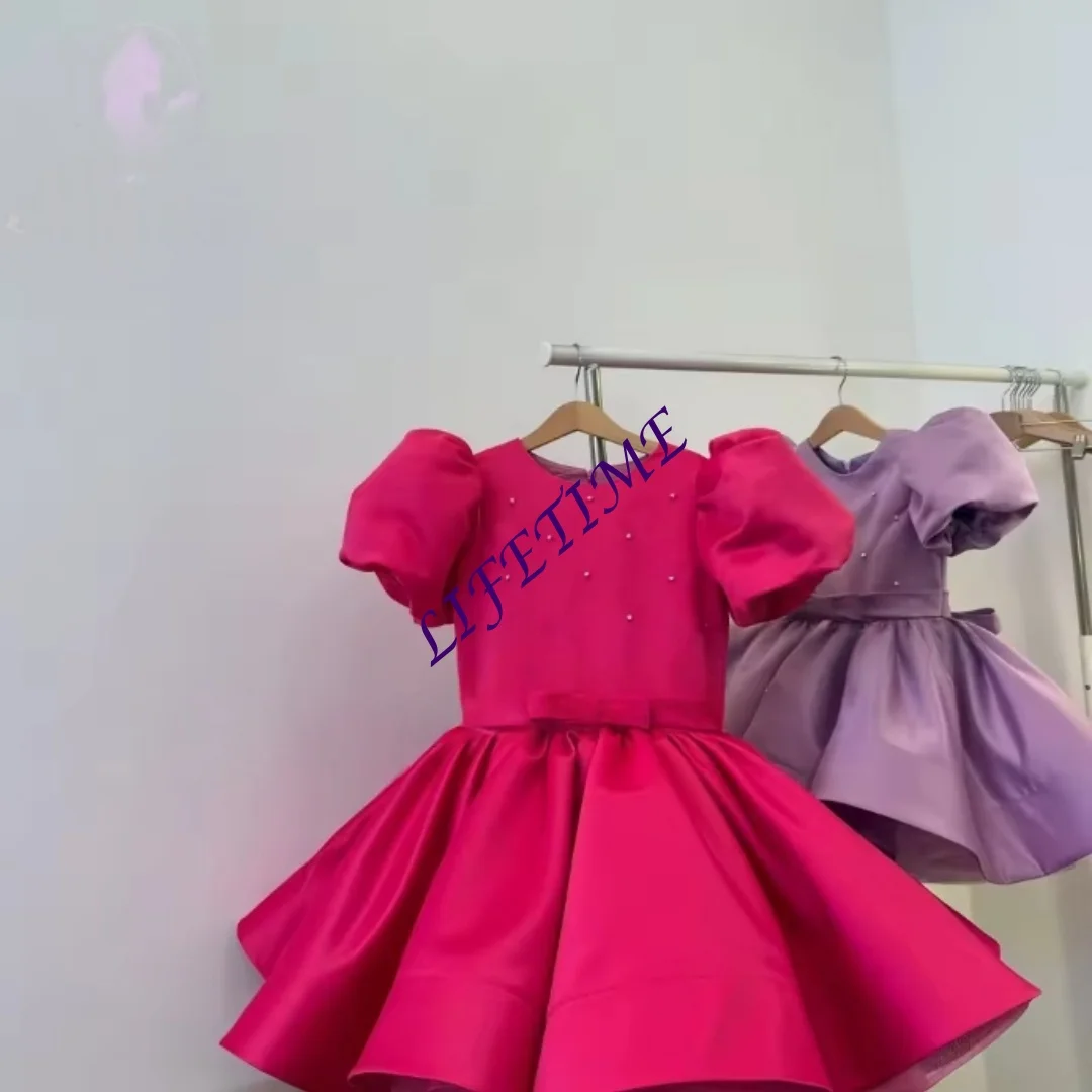 فستان فتاة الزهور الأرجواني المخصص لحفلات الزفاف من الساتان واللؤلؤ الصغير منتفخ بطول الركبة فستان الأميرة للأطفال لأعياد الميلاد الأولى بالتواصل #2