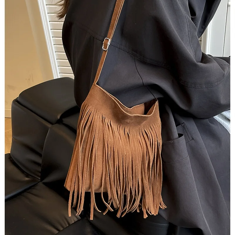Boho Style Fringe Crossbody Bag Vintage Suede Shoulder Bag Women's Large Capacity Casual Fringe Postman Shoulder Bag