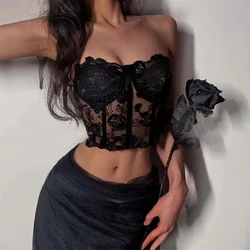 Krasapt Luxury Rose Embroidery Backless Bustier Floral Top With Shoulder Strap Corset Lingerie Women Sexy Camisole Cropped Top