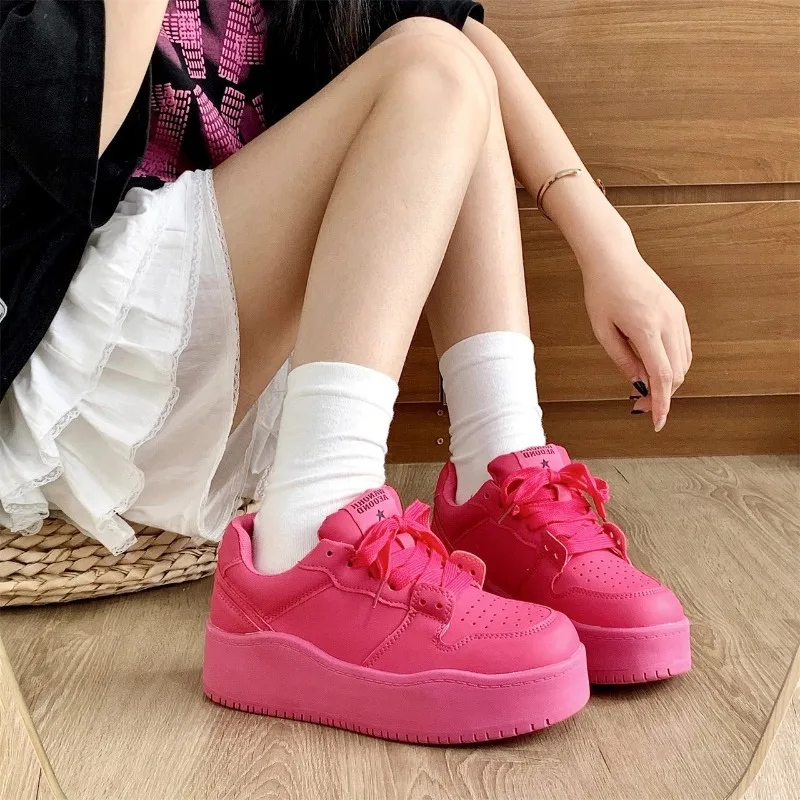 Lace-up Solidcolor Round Toe PU Womens Shoes 2024 Hot Sale Womens Vulcanized Shoes Summer Outdoorbreathable Women's Sports Shoes