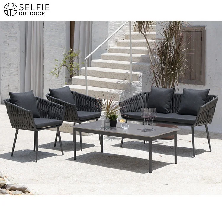 Modern Outdoor Dining Sofa Set Aluminum Frame+PE Rattan Chairs Weather Resistant Table Living Room Hotel Apartment Patio Garden