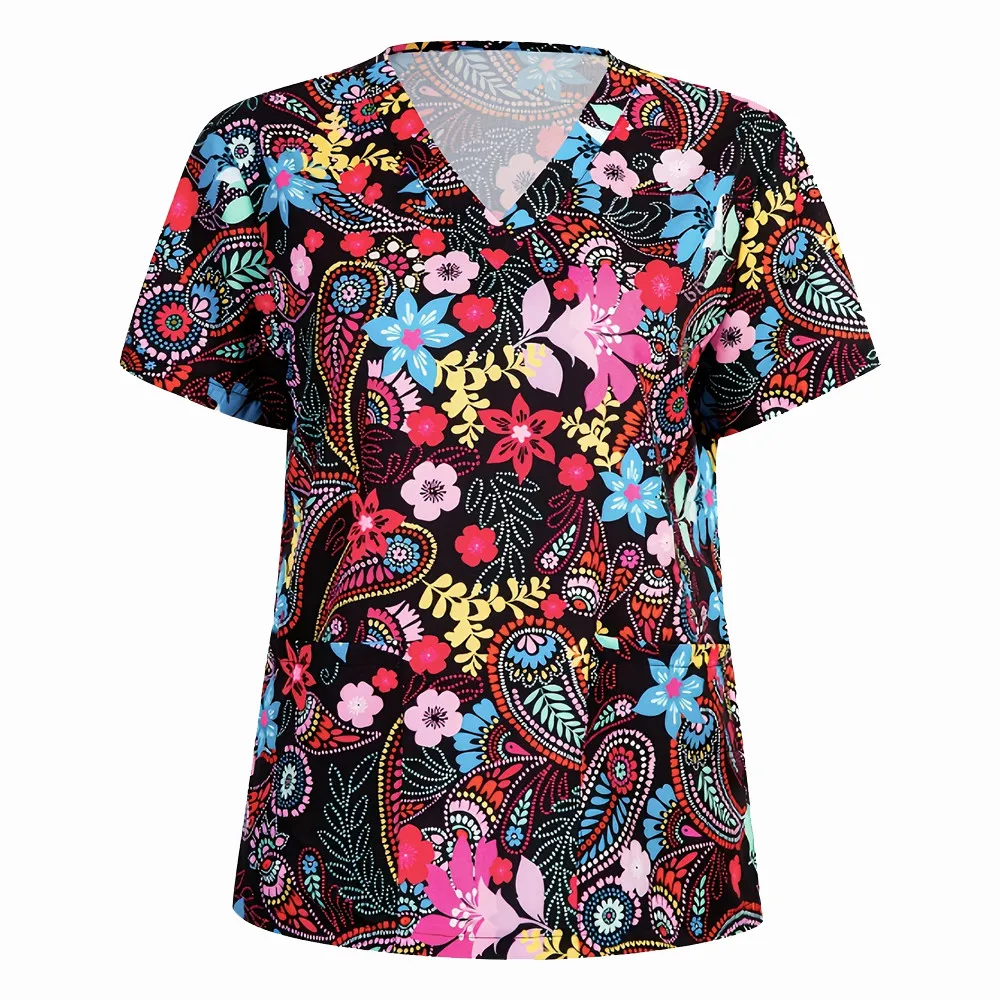 

Women's Floral Print V-neck Tops Short Sleeve Work Uniform Patch Pockets Medical Nurse Uniform Women's Clothing