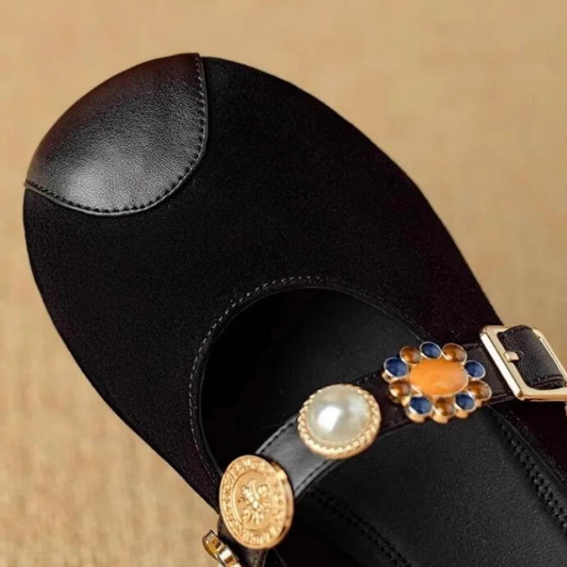Women Round Toe Sheepskin Mary Jane Shoe Buckle Strap Low Heeled Elegant Dress Pumps Summer Autumn Genuine Leather Footwear view 5