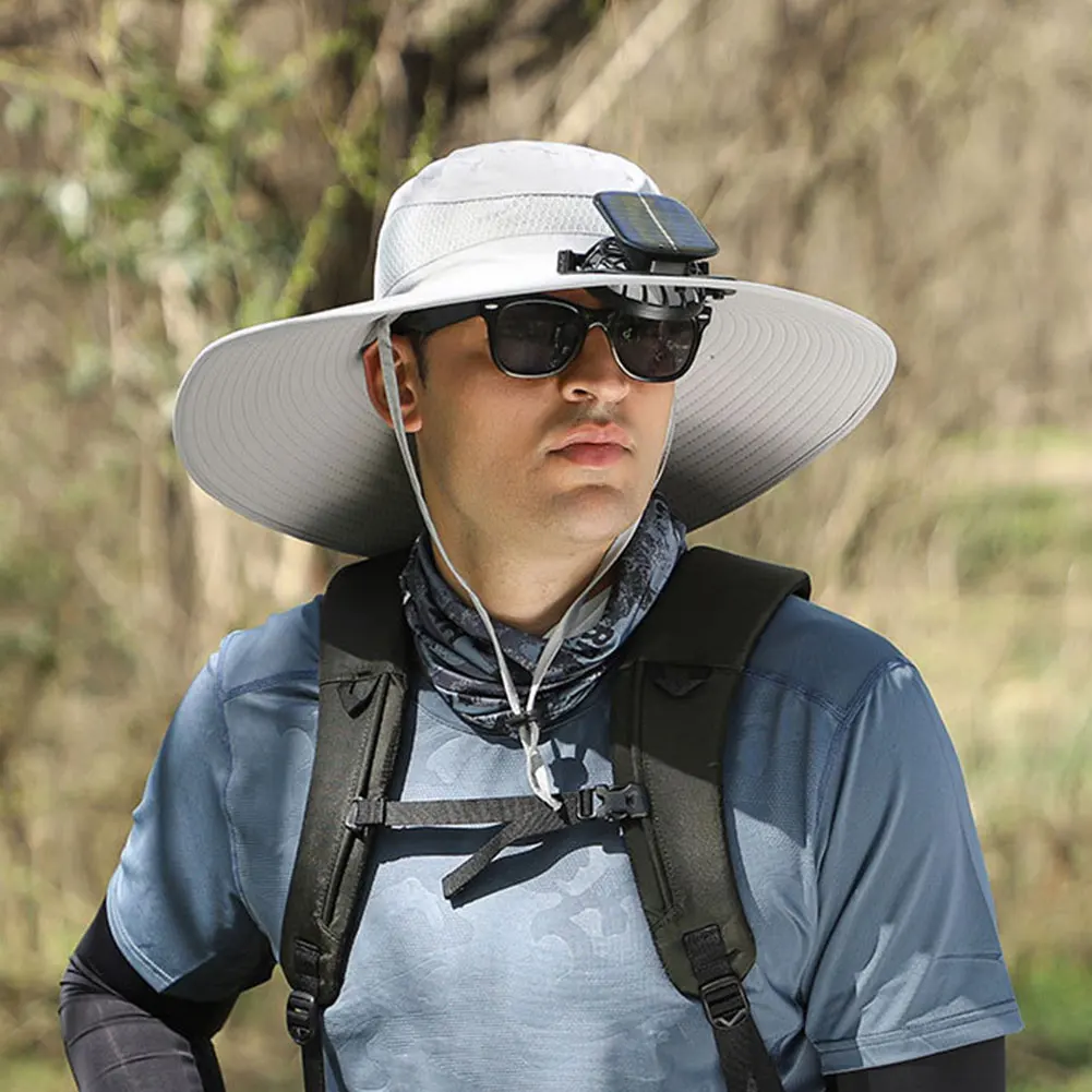 

Шляпа с солнечным вентилятором Шляпа от солнца с 2-мя солнечными вентиляторами Шляпа для рыбалки на открытом воздухе с широкими полями Панама для мужчин Открытый Кемпинг Рыбалка Туризм