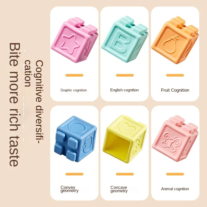 Miękkie gumowe klocki silikonowe dla niemowląt, zabawki do układania, gryzaki, edukacyjne zabawki do wczesnej nauki dla niemowląt w wieku 6 miesięcy