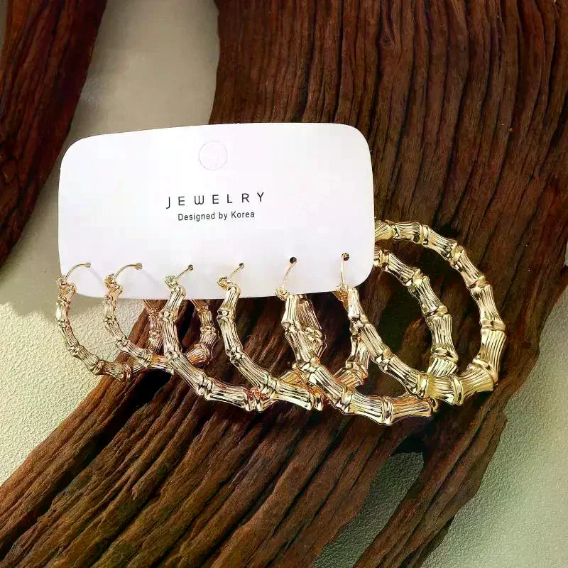 3Pairs Set Hoop Earrings Set Bamboo-shaped Round Circle Earring For Women Girls Gold Silver Color Alloy Hyperbole Party Jewelry
