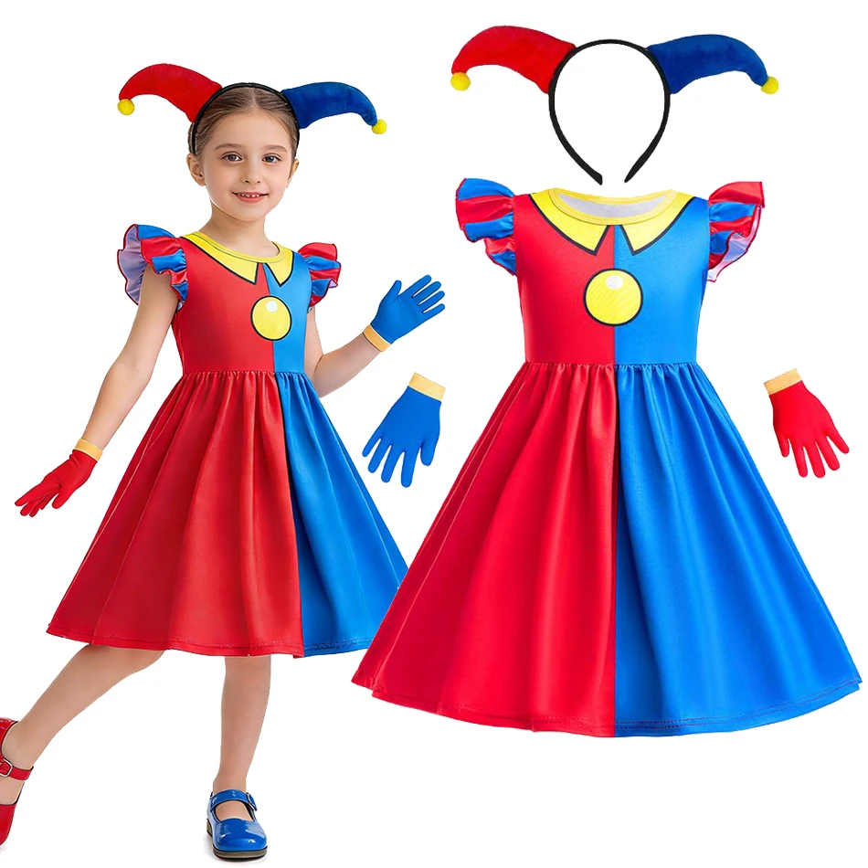 Kids Classic Clown Costume Girls Red Blue Split Dress with Jester Headband and Gloves for Halloween Carnival Birthday Party