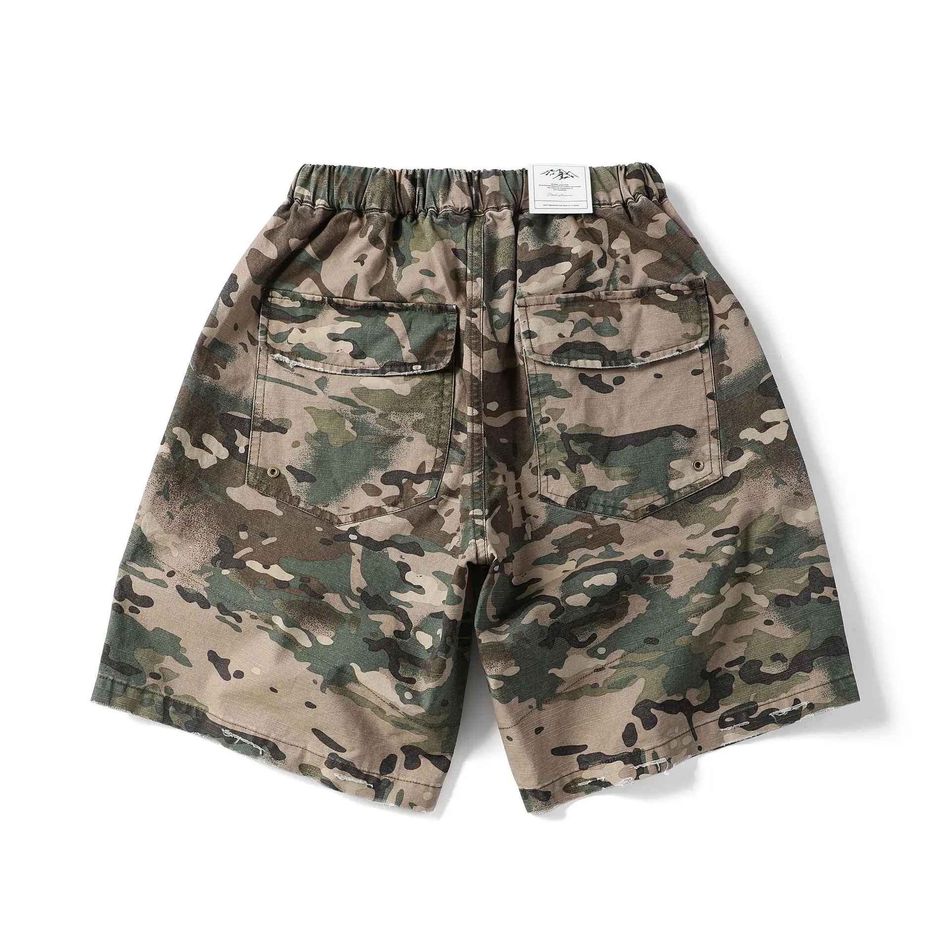 Japanese Retro Youth Camouflage Ripped Cargo Shorts Outdoor Breathable Loose-Fit Multi-Pocket Casual Workwear Knee-Length Short