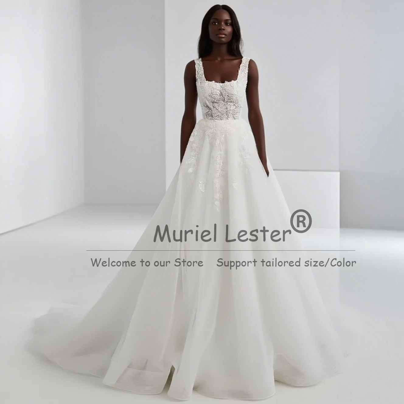 Nowoczesne suknie ślubne z kwadratowym dekoltem dla panny młodej, bez rękawów, Vestido De Casamento, personalizowane, szyte na miarę, z odkrytymi plecami.