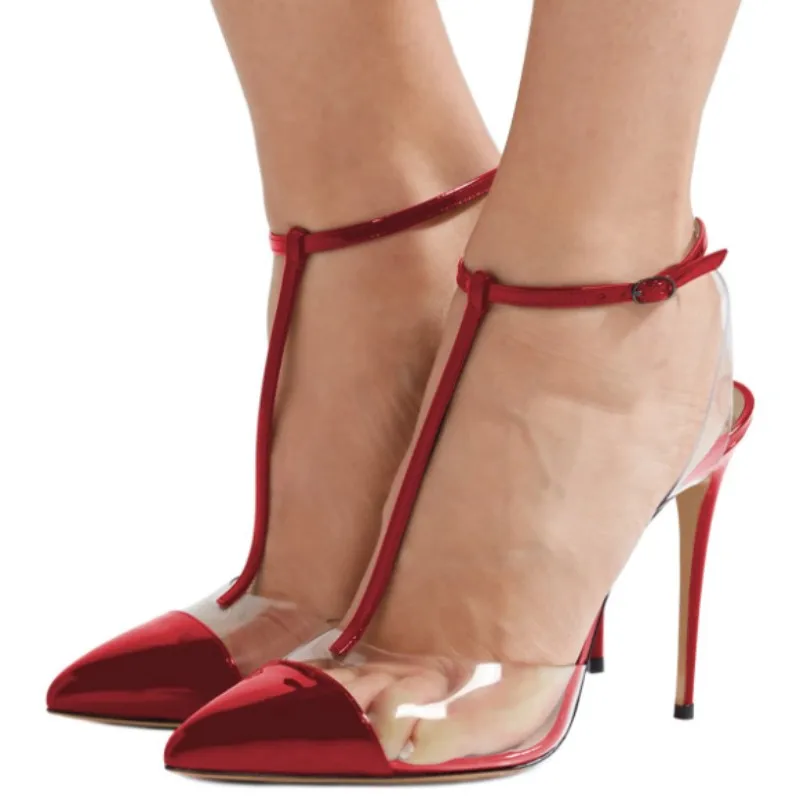 

DIZHUANG Sexy women's high-heeled sandals. Red leather patchwork transparent PVC sandals. About 11cm heel height. Pointed shoes.
