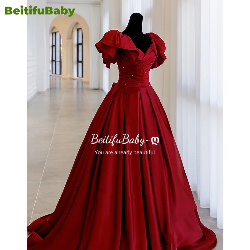 

BeitifuBaby Palace Style Women's Evening Party Dress Vestidos De Fiesta Light Luxury V-neck Pearl Ball Gown Banquet Prom Dresses