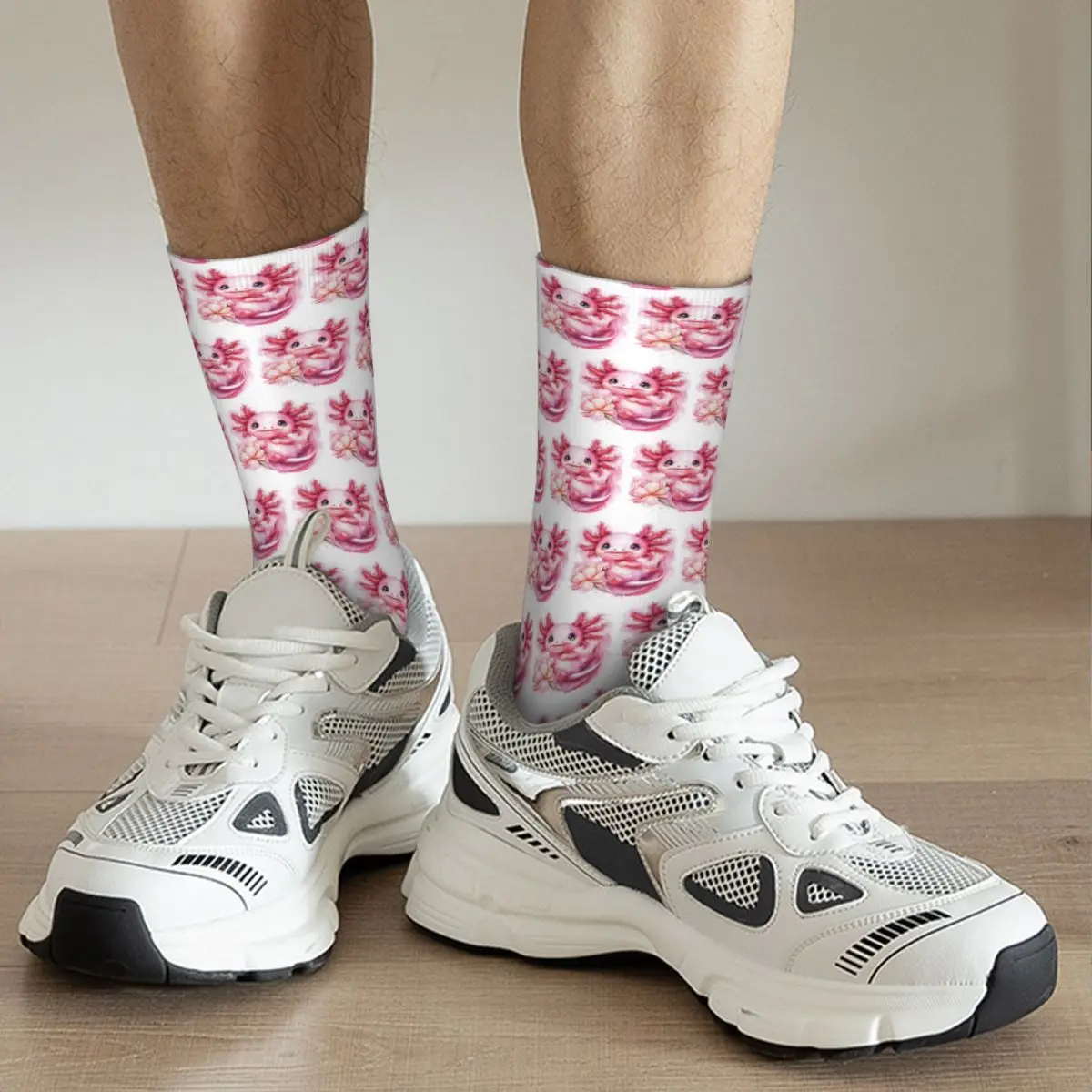 Cartoon Pink Axolotl Salamander And Pink Flowers Socks Harajuku Stockings All Season Long Socks for Man Woman Valentine's Day