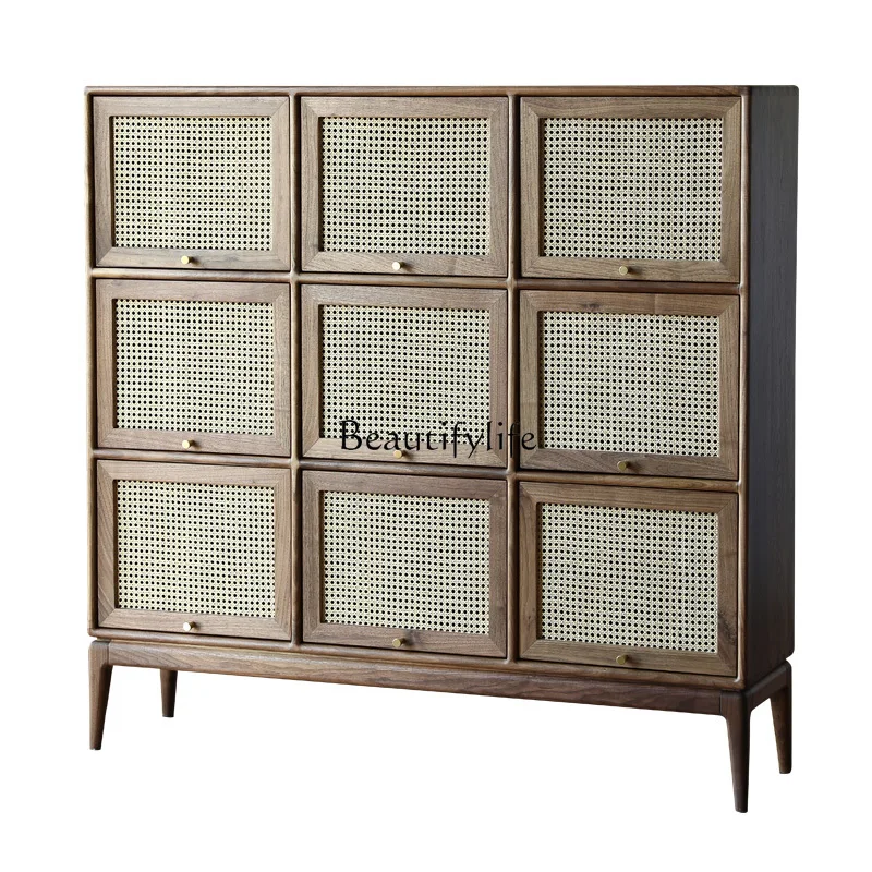 Solid Wood Bookcase Living Room Glass Flip Door Combination Storage Black Walnut Rattan Sideboard Cabinet