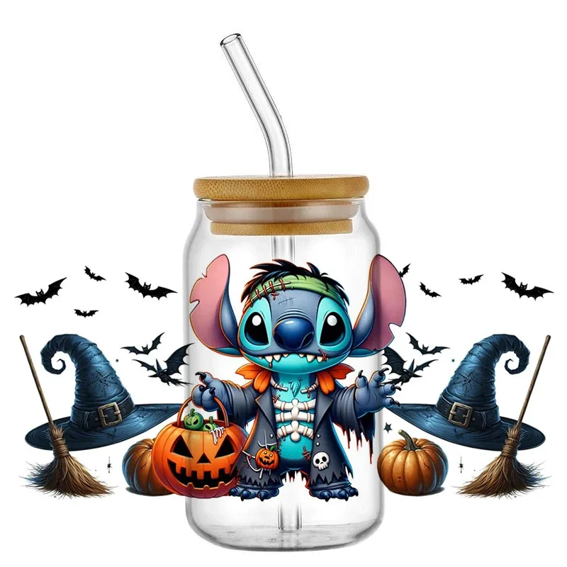 

New 24 Mixed Halloween Stitch Design Popular Cartoon UV DTF Cup Mug Wraps Sticker DIY 3D Deca For 16oz Libbey Glass