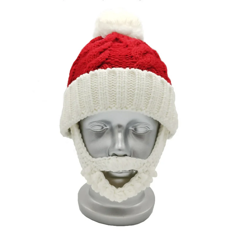 Hombre mujer Navidad rojo y blanco Santa gorro tejido vacaciones Año nuevo decoración barba gorros con pompón