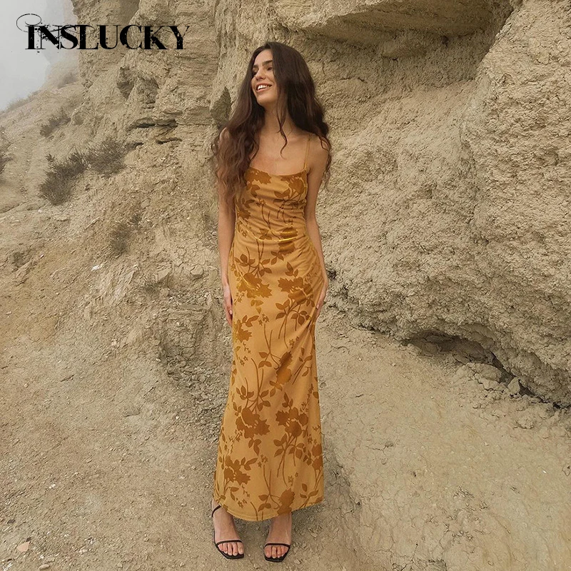 InsLucky Vintage Floral Print Backless Beach Dress For Women Spaghetti Strap Sleeveless Slim SKinny Elegant Ankle-Length Dresses