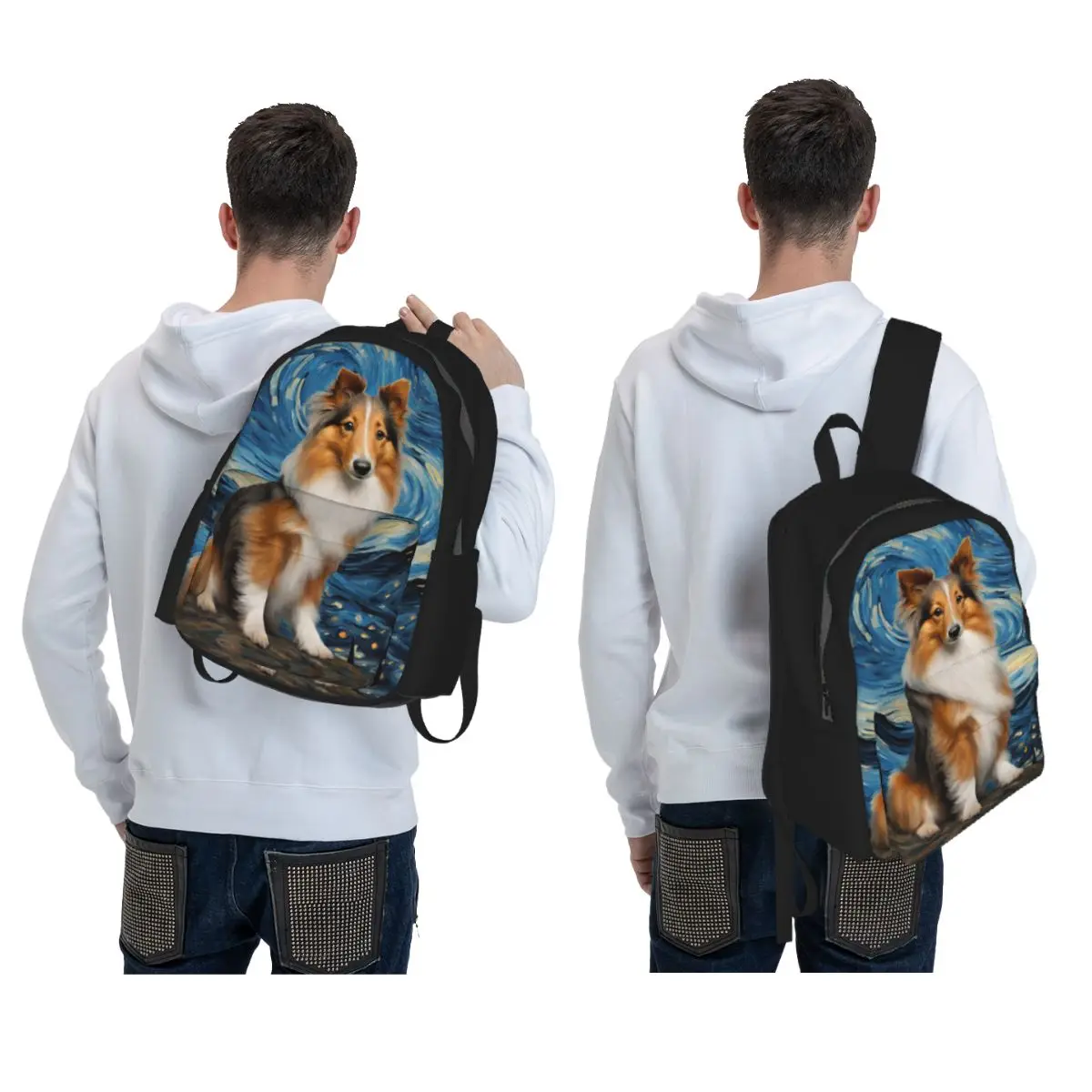 Shetland Sheepdog Dog In A Van Gogh Starry Night Backpack Boys Girls BookBag Kids School Bag Laptop Shoulder Bags for Men Women