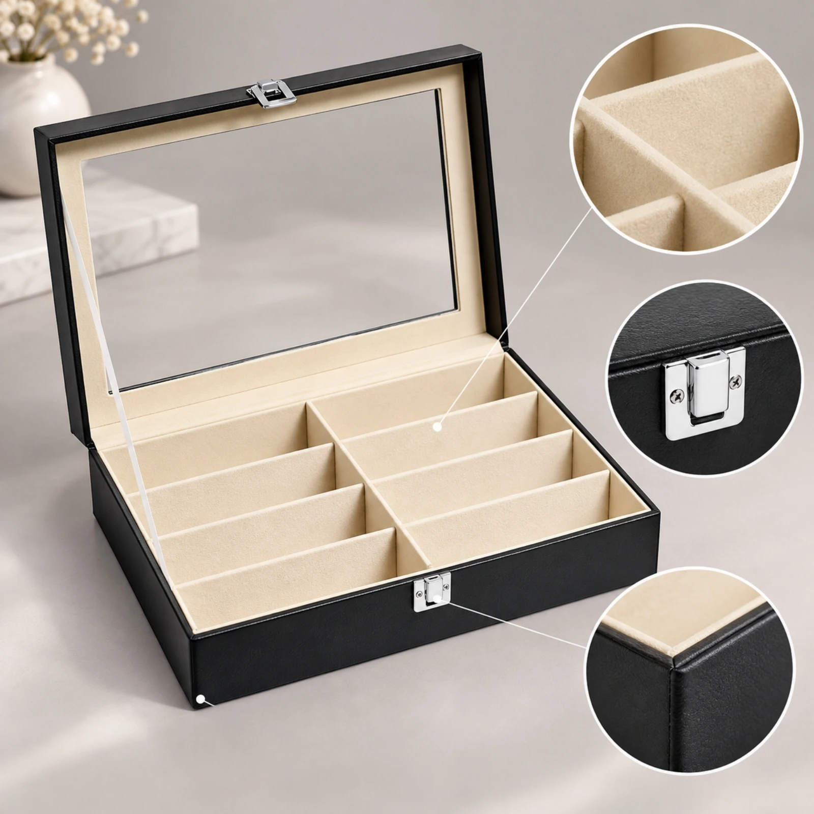 Eyeglass Storage and Display Box Transparent 8-Compartment Eyeglass Organizer Spacious Scratch-Resistant for Dressing Table