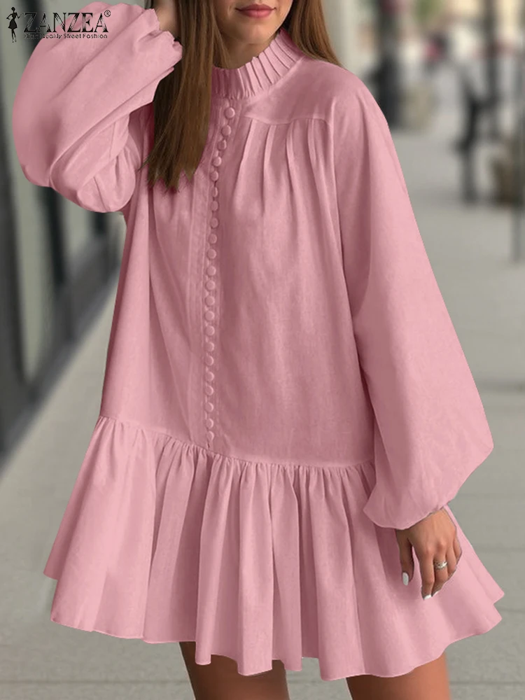 

ZANZEA Women Stand Collar Robe 2025 Elegant Long Lantern Sleeve Dress Fashion Casual Loose Ruffled Hem Dresses Chic Vestidos
