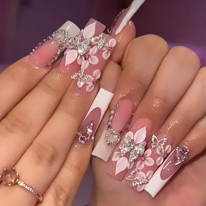 24Pcs Pink French False Nails French with Rhinestone Acrylic Fake Nail Tips Detachable Coffin Press on Nails Full Cover Manicure