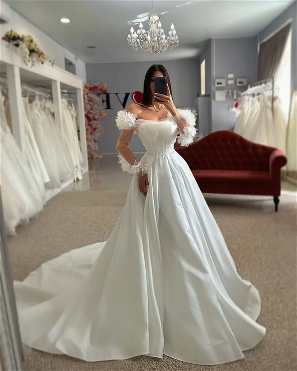 Charmoso fora do ombro mangas compridas plissado sweetahrt cetim uma linha vestidos de casamento trem varredura feito sob encomenda 2025 vestido de noiva