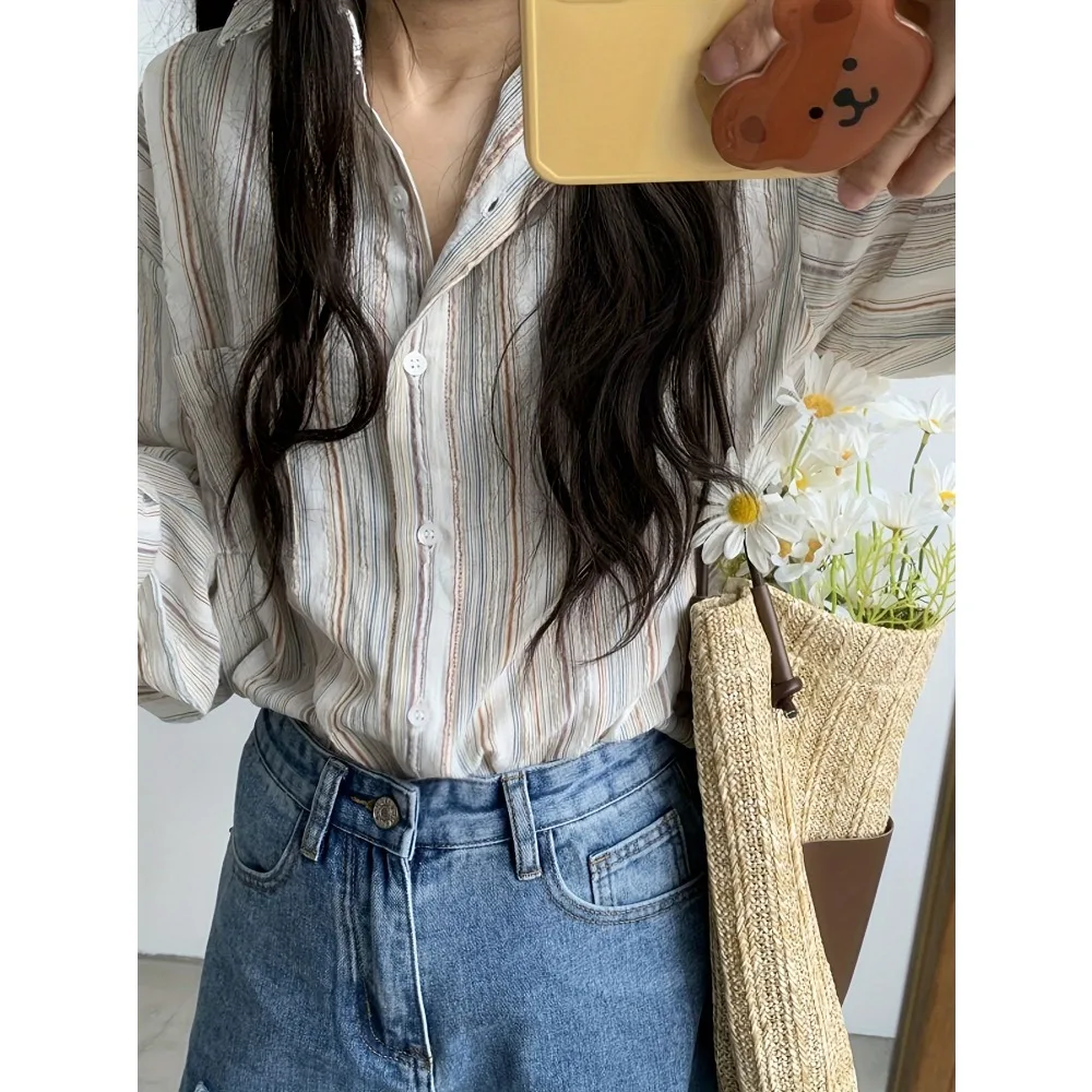 

Женская рубашка в тонкую полоску со шнуровкой на спине, свободный кардиган с длинными рукавами и короткими рукавами, солнцезащитное пальто