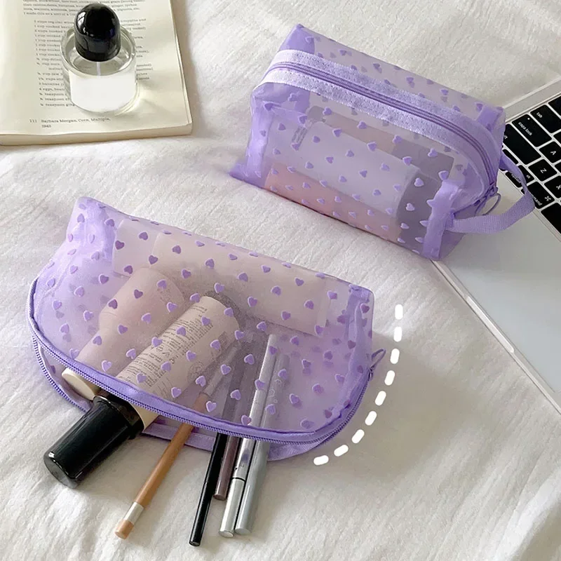 1PC Transparent Mesh Pencil Case Purple Colour Heart  Case Cosmetics Bag Stationery Organizer Pencil Bag Makeup Pouch for Women