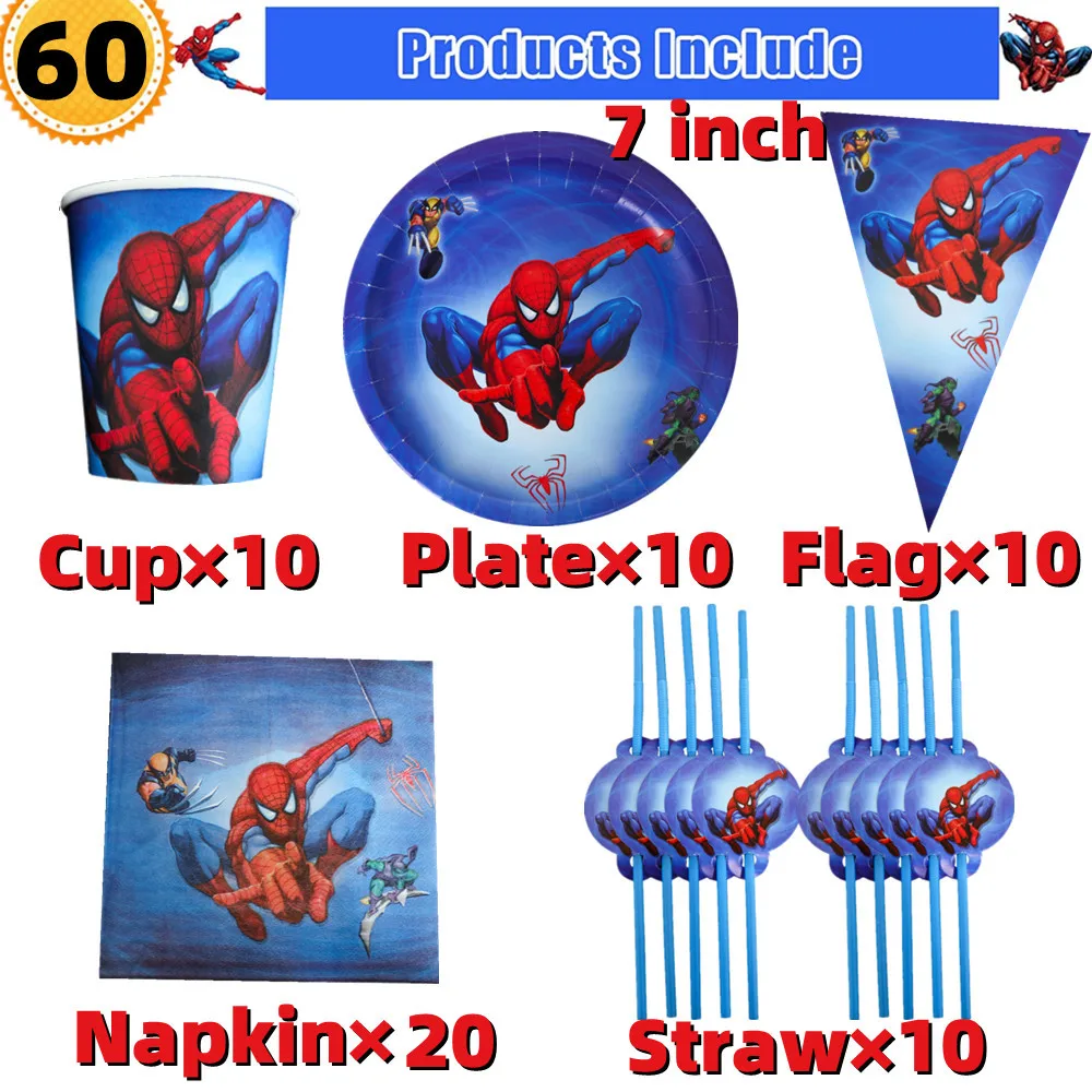 Set dekorasi pesta ulang tahun tema Spiderman 10/20 Orang cangkir kertas 7 inci piring Superhero perlengkapan pesta Baby Shower anak laki-laki