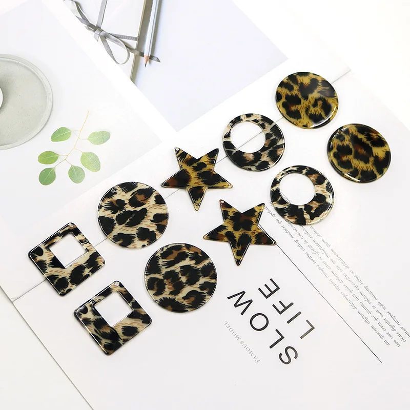 New style 50pcs/lot color Leopard print geometry rounds/stars/sqaure shape acrylic beads diy jewerly earring accessory