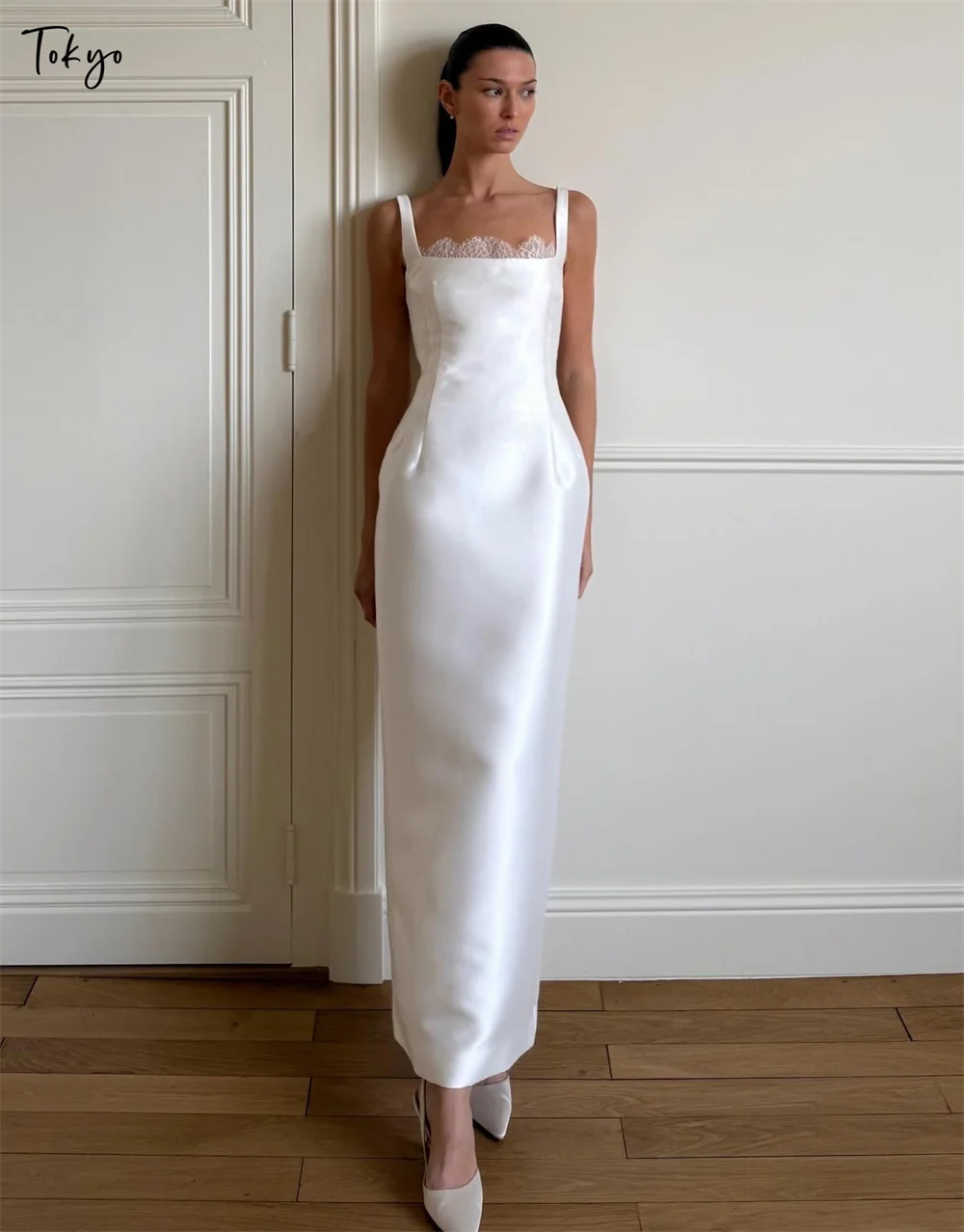 Tokyo Elegant White Square Collar Customized Wedding Party Sleeveless Satin Mermaid Bridal Gown Ankle-Length Wedding Gown 2026