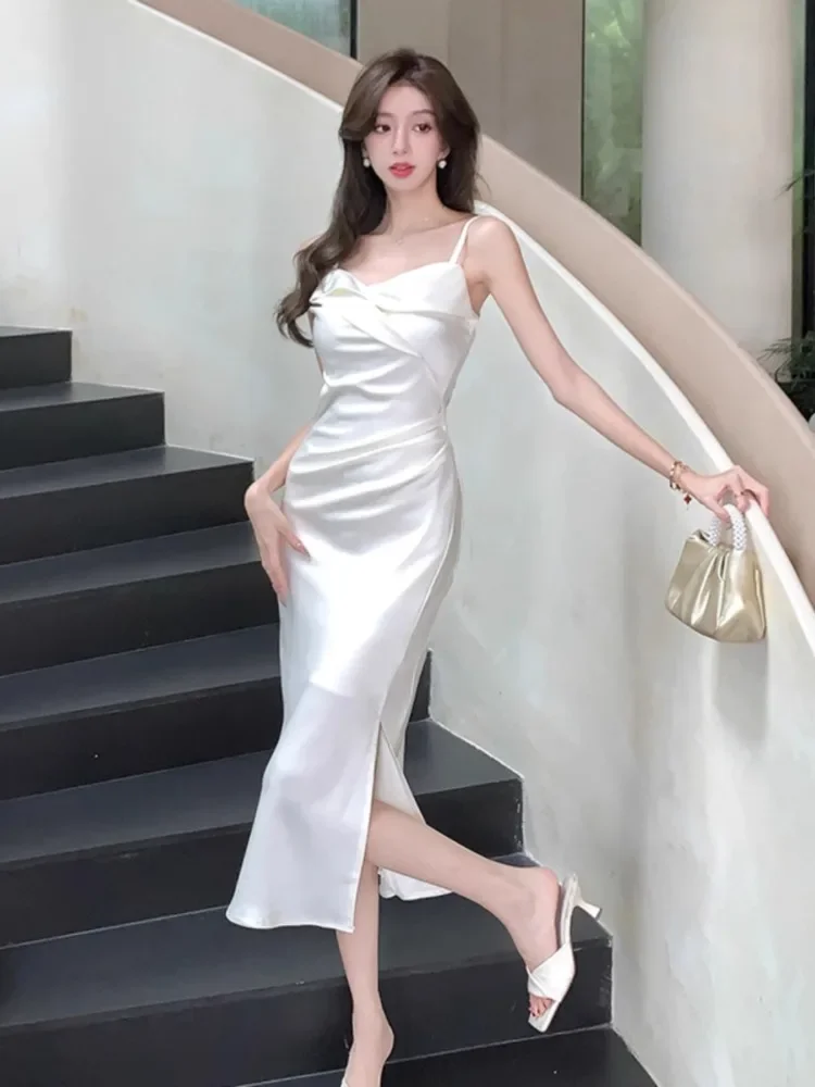 Topanoma Women Evening Dresses Wedding Party Sleeveless Satin Backless Slim Split Cocktail Banquet Dress Elegant Bridesmaids