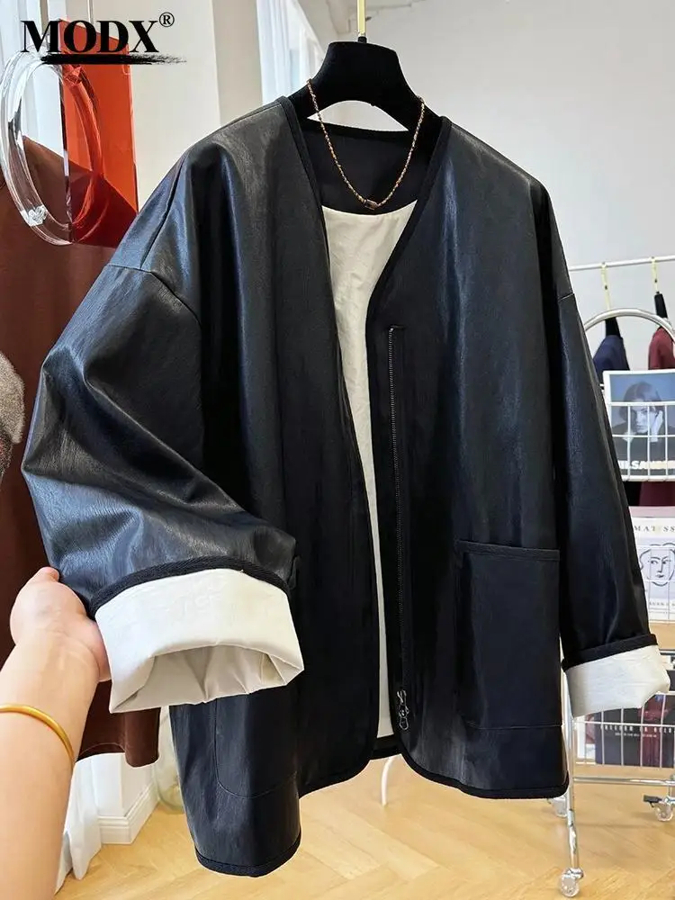 [MODX] Veste en cuir noir haut de gamme pour femme, printemps automne 2024, adt mn, haut mi-long cool