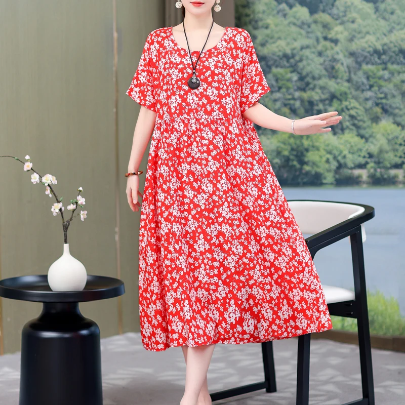 

New Hot Casual 2025 Summer Dress For Women Short Sleeve Elegant Vintage O-Neck Plus Size Floral Print Dresses Women Clothing