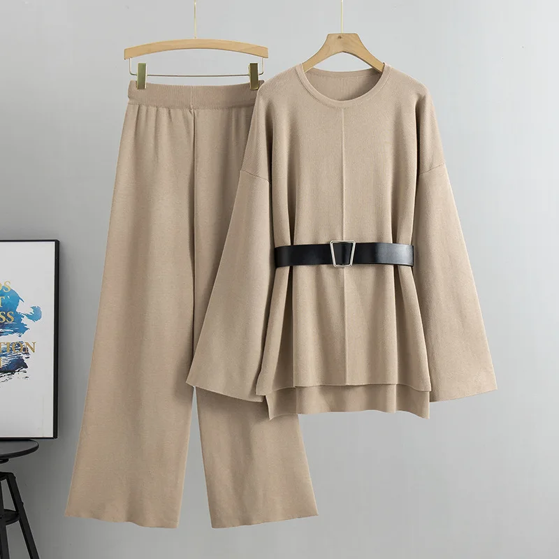 Women Knitted Two Piece Sets Suit Pullover Sashes Wide Leg Pants Trousers Casual Knit Jumper Elegant Sweater Outfits Work Pant